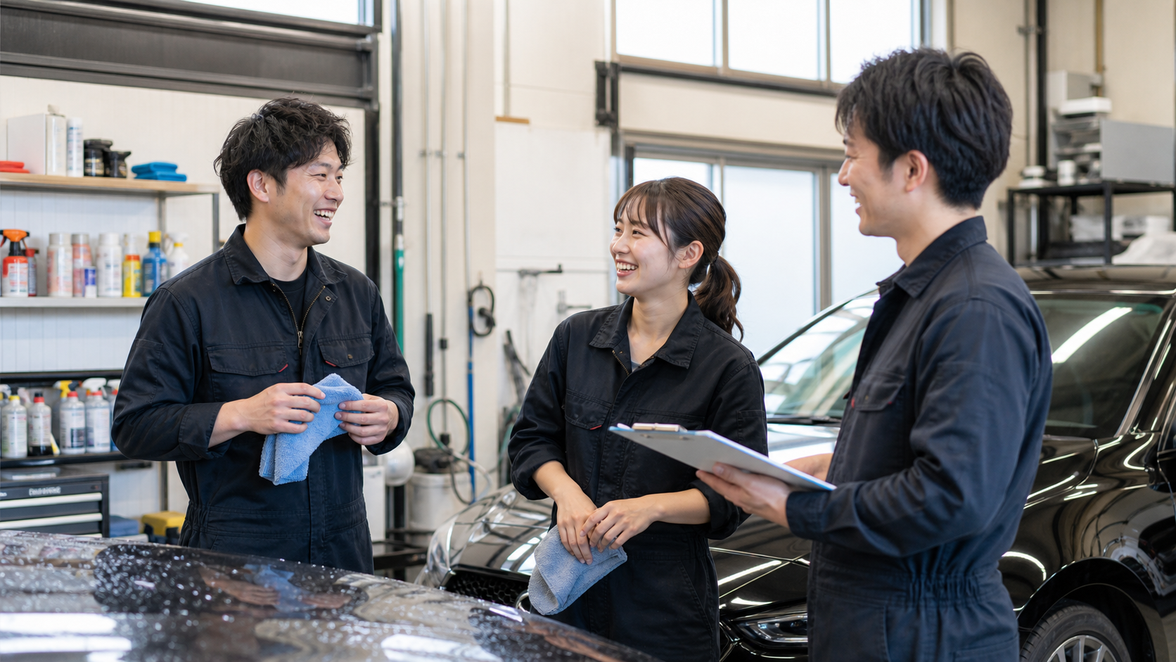 明るい雰囲気で話すカーコーティングスタッフ